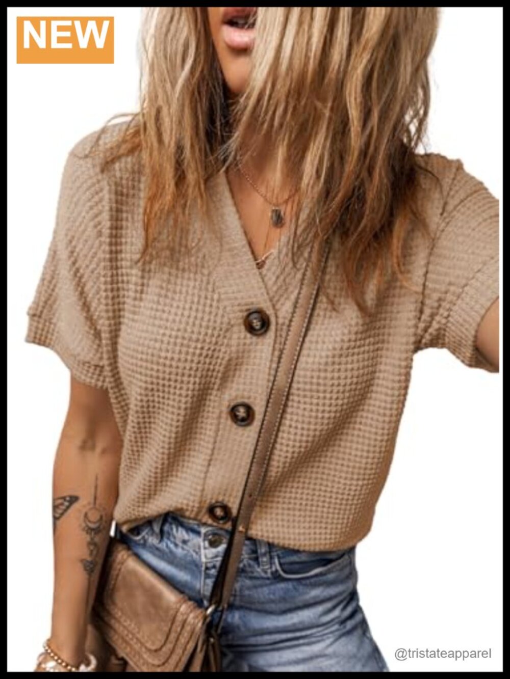 Waffle Knit Button Down Shirt V-Neck Short Sleeve Cropped Tunic Top